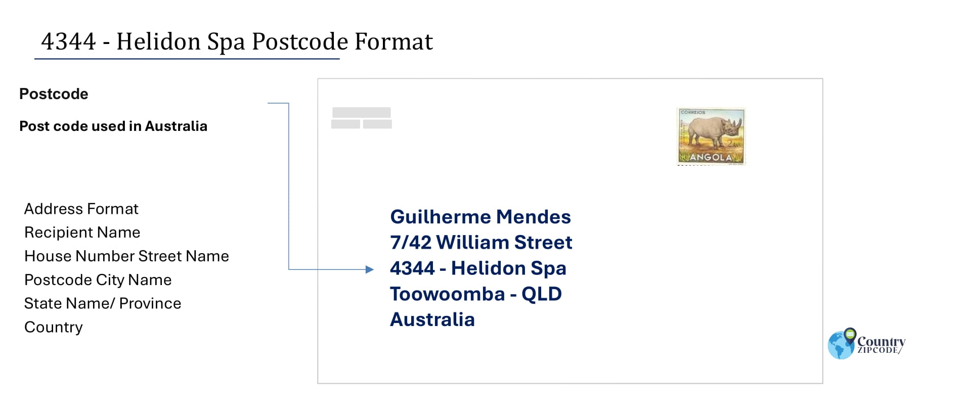 Example of Helidon Spa Australia postcode and Address format