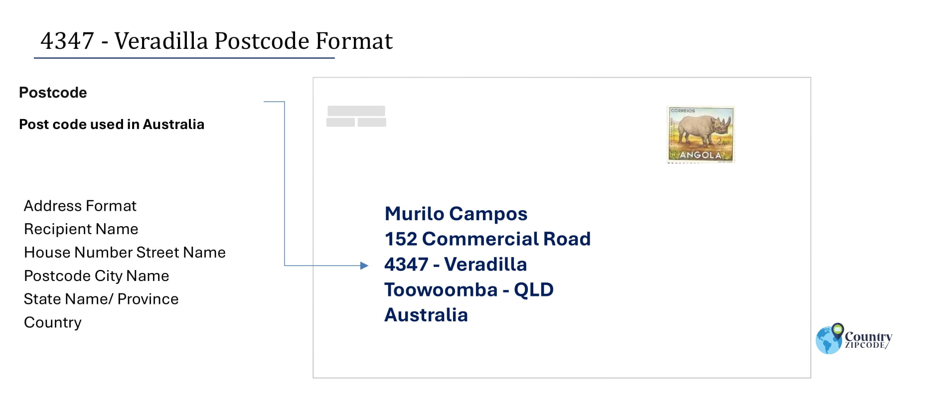 Example of Veradilla Australia postcode and Address format